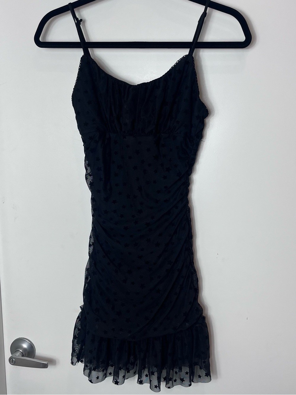 Altar'd State Star Mesh Dress Black Sheer Slip Dress Ruched Ruffle‎ Trim XS